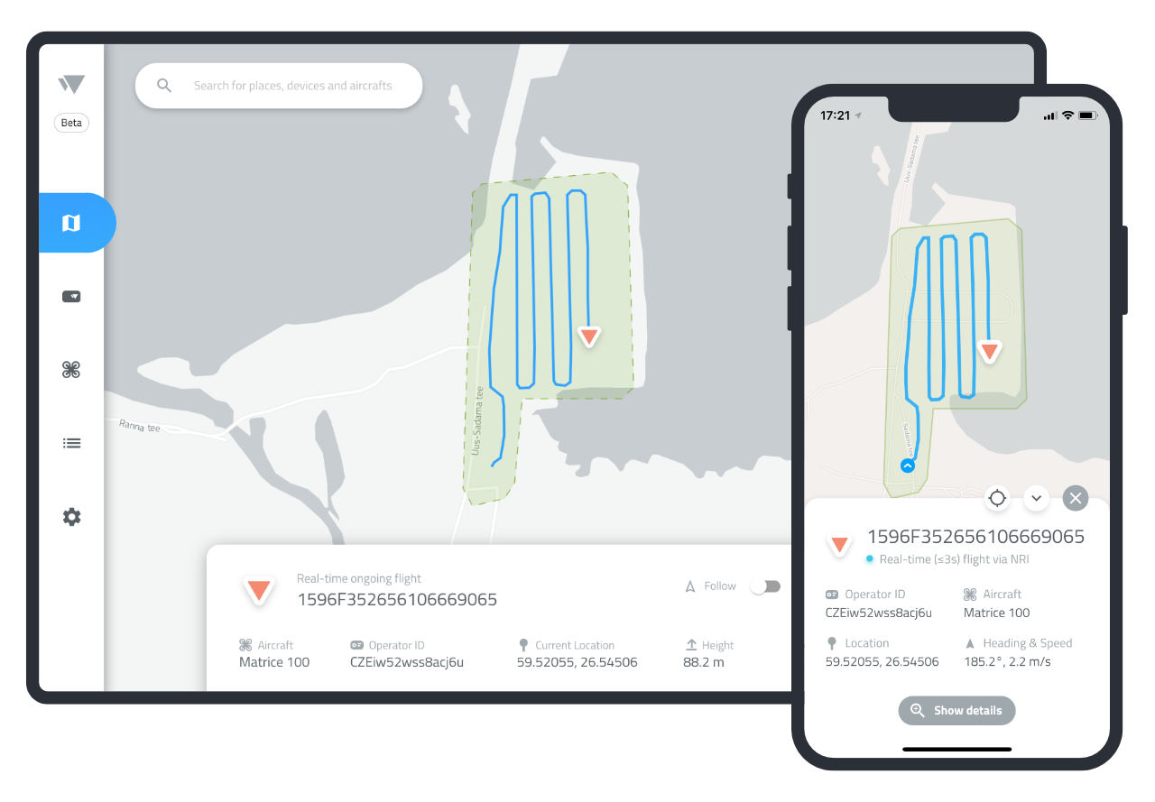 Picture of the dronetag app on the browser and on the mobile phone